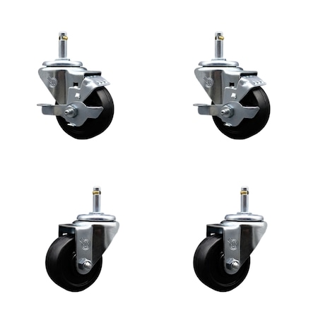 Service Caster 3'' Soft Rubber Wheel Swivel 7/16'' Grip Ring Stem Caster Set 2 Brakes, 4PK SCC-GR20S314-SRS-TLB-716138-2-S-2